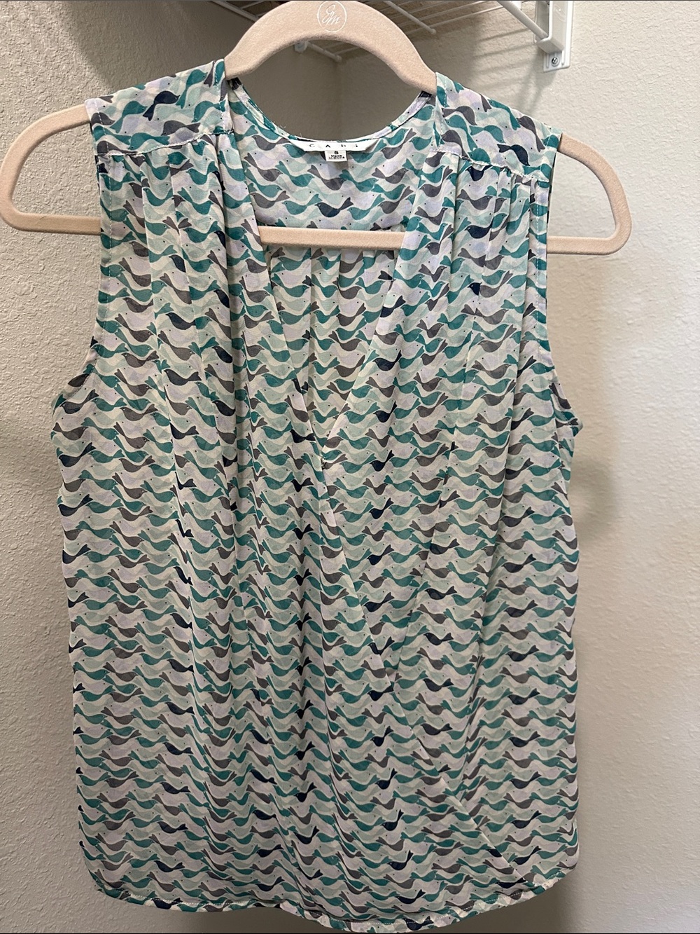 CAbi Teal & Gray Bird-Pattern Blouse